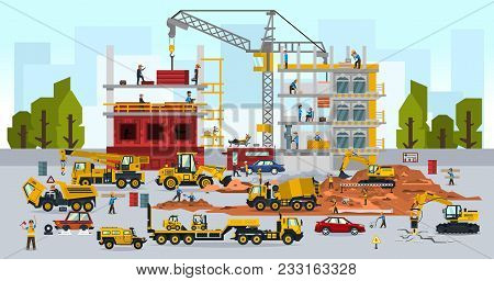 Construction Site, The Work Of A Large Group Of Builders, Building A House. A Set Of Service Vehicle