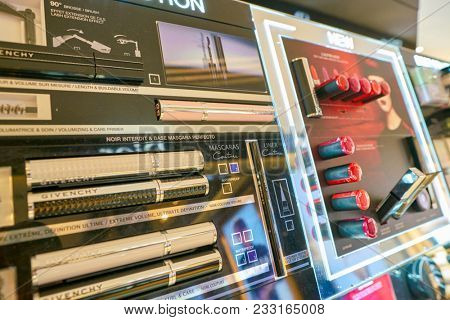 MILAN, ITALY - CIRCA NOVEMBER, 2017: cosmetics on display at Rinascente. Rinascente is a collection of high-end stores.
