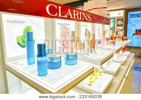 MILAN, ITALY - CIRCA NOVEMBER, 2017: cosmetics on display at Rinascente. Rinascente is a collection of high-end stores.