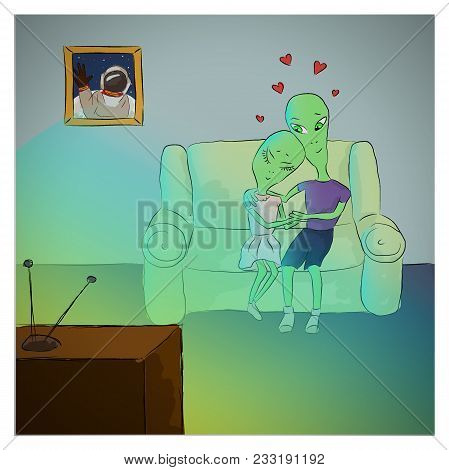 Cute Illustration With Aliens In Love Sitting And Watching Tv