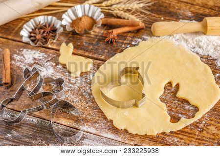 Dough And Culinary Forms For Baking Cookies Of Different Types. Still-life On A Wooden Background. V