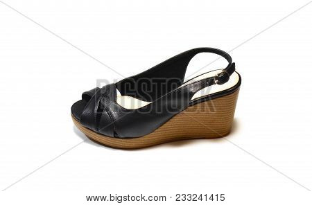 Elegant Woman Black High-heel Shoes, Slingback Shoes, Chunky Heel Shoes, Isolated On White Backgroun