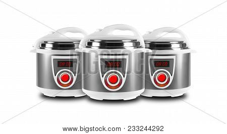 Home Appliance - Three Multicooker Pressure Cooking On A White Background. It Is Isolated, The Worke