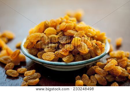 A Sweet Dried Fruit Golden Raisins Or Vitis Vinifera L. Var. Apyrena , Kishmish Or Zante Currant On 