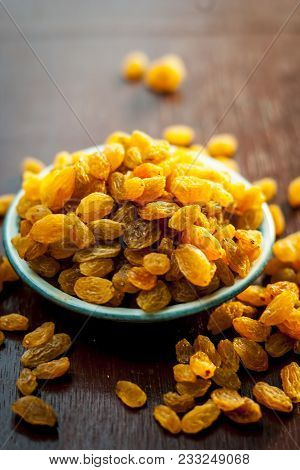 A Sweet Dried Fruit Golden Raisins Or Vitis Vinifera L. Var. Apyrena , Kishmish Or Zante Currant On 