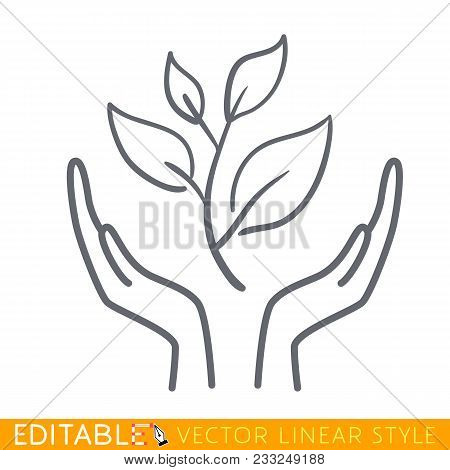 Icon Plant Growing On Open Hands Palms. Editable Line Sketch Icon. Stock Vector Illustration.