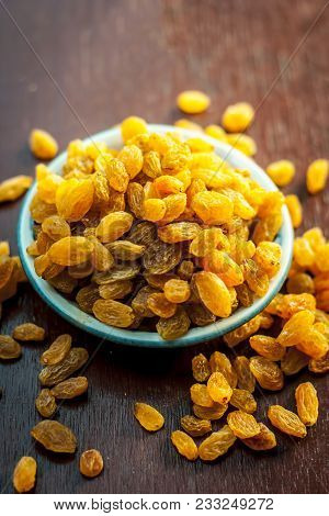 A Sweet Dried Fruit Golden Raisins Or Vitis Vinifera L. Var. Apyrena , Kishmish Or Zante Currant On 