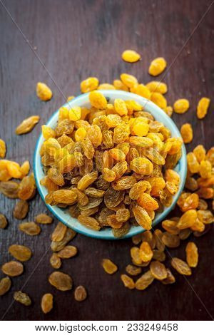 A Sweet Dried Fruit Golden Raisins Or Vitis Vinifera L. Var. Apyrena , Kishmish Or Zante Currant On 