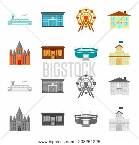 House Of Government, Stadium, Cafe, Church.building Set Collection Icons In Cartoon, Monochrome Styl