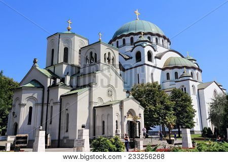 Belgrade, Serbia - August 15, 2012: People Visit Saint Sava Cathedral In Belgrade, Serbia. Belgrade 