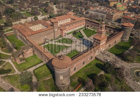 Aerial View Of Sforzesco Castle In Milan