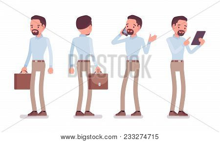 Smart Middle Aged Man In Buttoned Up Shirt And Camel Skinny Chino Trousers, Standing Pose. Business 