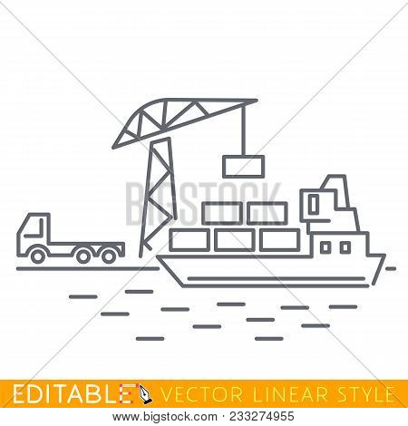 Container Cargo Ship Loaded By Harbor Crane From Cargo Truck In The Port Dock. Naval Transportation 