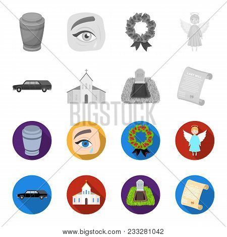 Black Cadillac To Transport The Grave Of The Deceased, A Church For A Funeral Ceremony, A Grave With