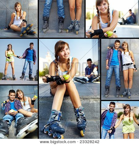 Collage of happy teens spending free time outside