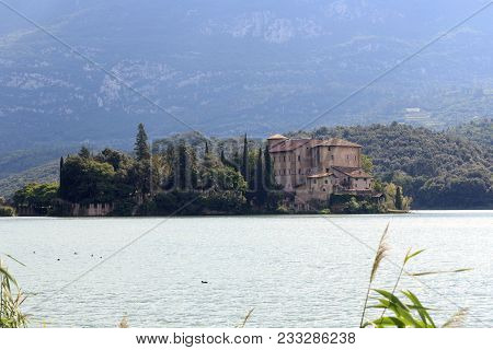 Castle Castel Toblino At Lake Lago Di Toblino And Mountain Panorama In Italy