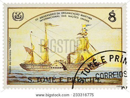 Moscow, Russia - March 27, 2018: A Stamp Printed In Sao Tome And Principe Shows Old Paddle-steamer 