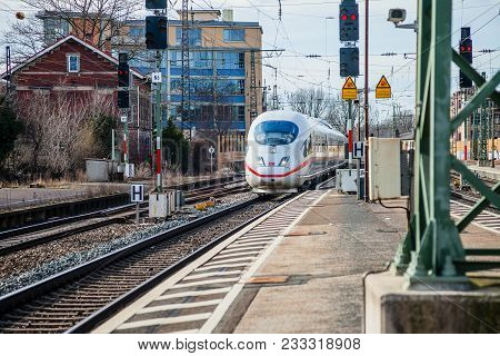 Fuerth / Germany - March 11, 2018: Ice 3, Intercity-express Train From Deutsche Bahn Passes Train St