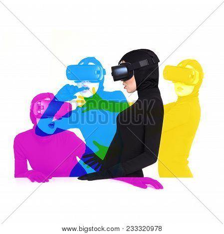 Woman Is Posing In Vr Headset, Four Poses As Cmyk. An Excited Woman Experiencing The Virtual Reality