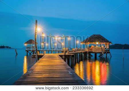 Wooded Bridge To Koh Mak Harbor After Sunset, Koh Mak And Koh Kood Is Island In Thailand, This Photo