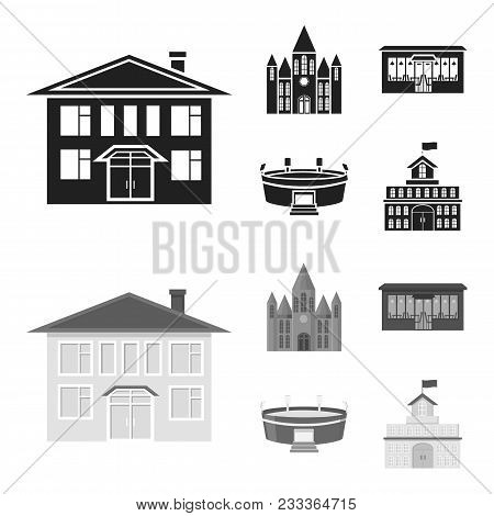 House Of Government, Stadium, Cafe, Church.building Set Collection Icons In Black, Monochrom Style V