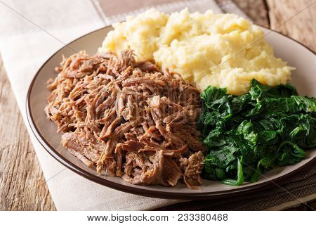 Botswana Cuisine: Seswaa Beef Stew With Pap Porridge And Spinach Close-up On A Plate. Horizontal