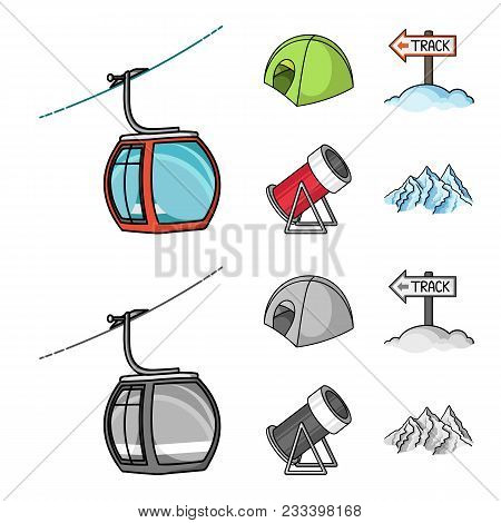 Funicular, Tent, Road Sign, Snow Cannon. Ski Resort Set Collection Icons In Cartoon, Monochrome Styl
