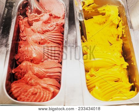 Gourmet Gelato Gelato Ice Cream Display In Shop Close Up.  Confectionery Shop