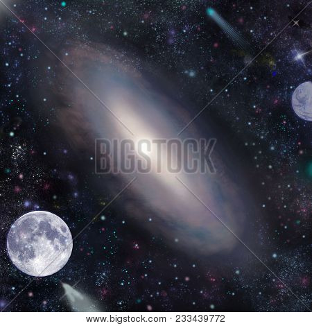 Mysterious Galaxy And Planets Among Alluvial Stars.mysterious Space.