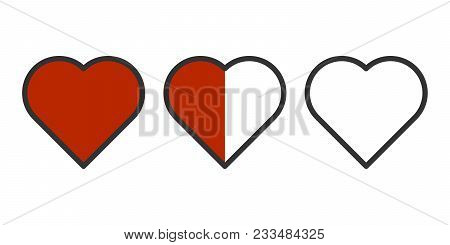 Vector Image Of Three Hearts In A Row - Completely Filled, Half Of The Fill And Without Pouring. Eas
