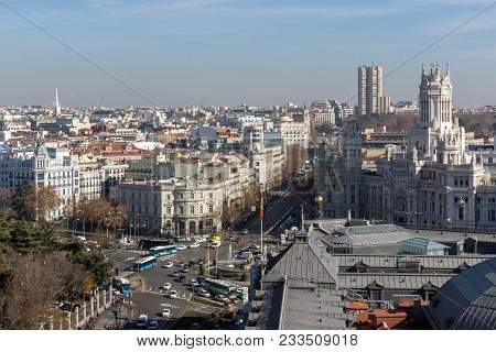 Madrid, Spain - January 24, 2018:  Panoramic View Of City Of Madrid From Circulo De Bellas Artes, Sp