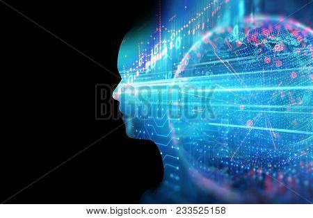 Double Exposure Image Of Financial Graph And Virtual Human 3Dillustration