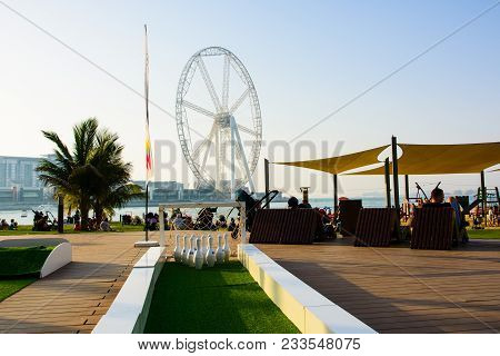 Dubai, United Arab Emirates - March 8, 2018: Jbr, Jumeira Beach Resort Beach With Ain Dubai Ferris W
