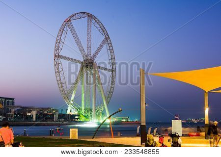 Dubai, United Arab Emirates - March 8, 2018: Jbr, Jumeira Beach Resort Beach And Ain Dubai Ferris Wh