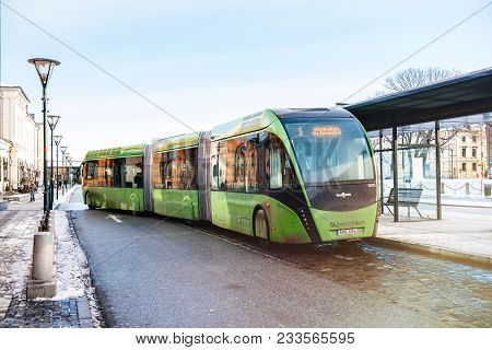 Malmo, Sweden - 29 Dec 2014: Modern Double Articulated Bus Van Hool 324h Exequicity 24 Hybrid Operat