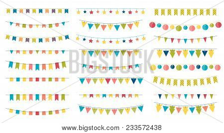 Multicolored Bright Buntings Garlands Isolated On White Background. Design Elements For Decoration O