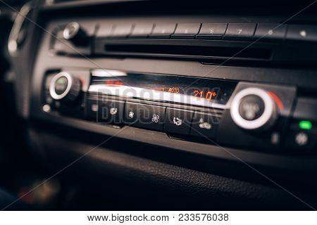 Car Clima Controls, Radio Dashboard And Cockpit Close Up