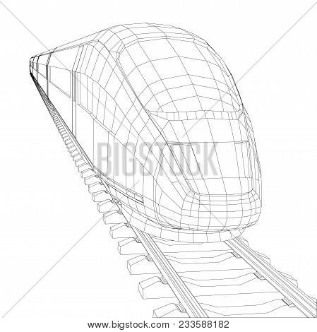 Abstract Polygonal High-speed Passenger Train. Traveling Concept. 3d Illustration. Wire-frame Style