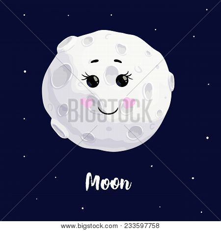 Cute Moon Kawaii Character Smile Open Eyes Vector Illustration Cartoon On The Dark Blue Background.
