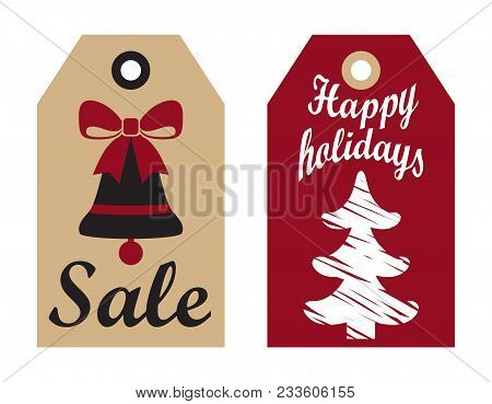 Sale Happy Holidays Advertisement Ready To Use Hanging Labels With Christmas Trees, And Bell On Bow 