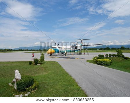 Airbus Twin Propeller From Don Mueang International Airport Landing On Runway At Phrae Airport For S