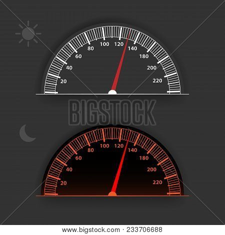 Vector Speedometer With Backlight. Speedometer With Day And Night Mode Of Operation. Gray Analog Spe