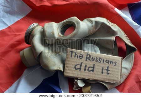The scandal about poisoning of former spy Sergei Skripal. Concept. British Flag background.March 29, 2018 in Kiev,Ukraine