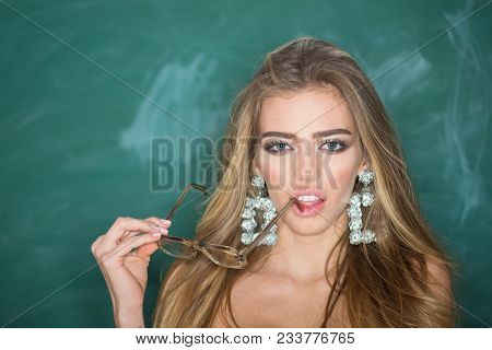 Woman, Teacher Wears Old Fashioned Eyeglasses For Vision, Copy Space. Girl Short Sightedness Needs M