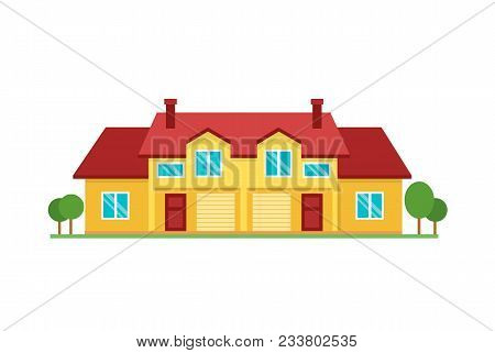 Colorful Cute Cottage Country House Exterior On White Background. Vector Illustration Of Townhouse F