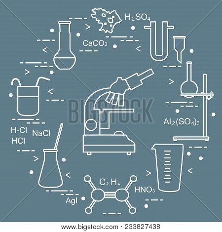 Chemistry Scientific, Education Elements: Microscope, Flasks, Tripod, Formulas, Beaker, Amoeba, Meas