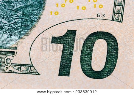Close-up Ten Us Dollar Bills. Background Usd.