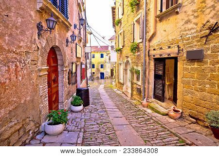 Groznjan Cobbled Street And Old Architecture View, Istria Region Of Croatia