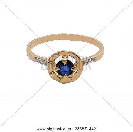 Golden Ring With Dark Blue Gem - Sapphire And Few Diamonds Isolated On White Background