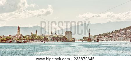 Panoramic Photo Of The Old Town Trogir And Ciovo Island With Harbor. Summer Vacation. Travel Destina